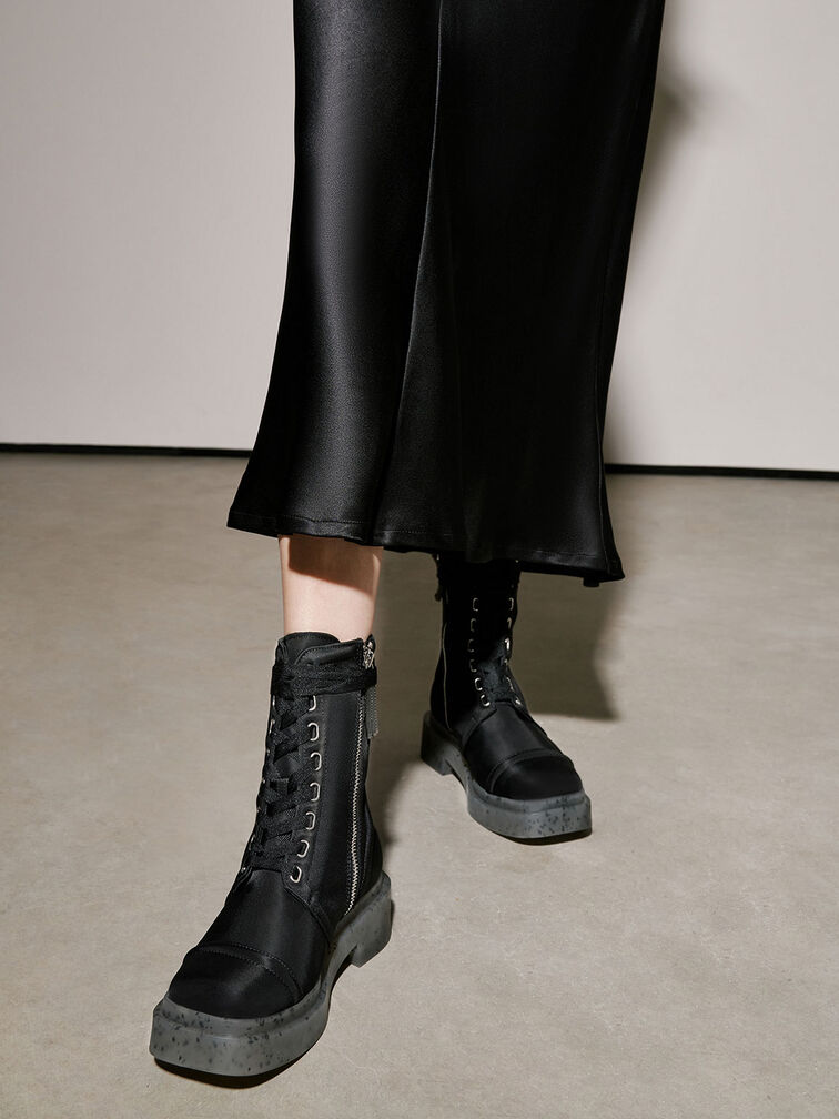 Charli Recycled Nylon Lace-Up Ankle Boots, Black, hi-res