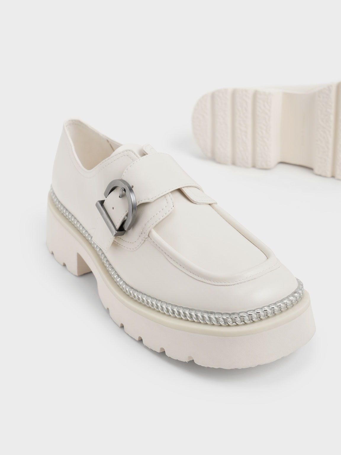Buckled Chain-Trim Loafers, Chalk, hi-res