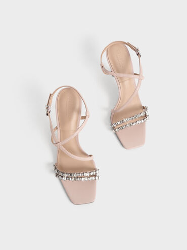 Leather Gem-Embellished Strappy Sandals, Nude, hi-res