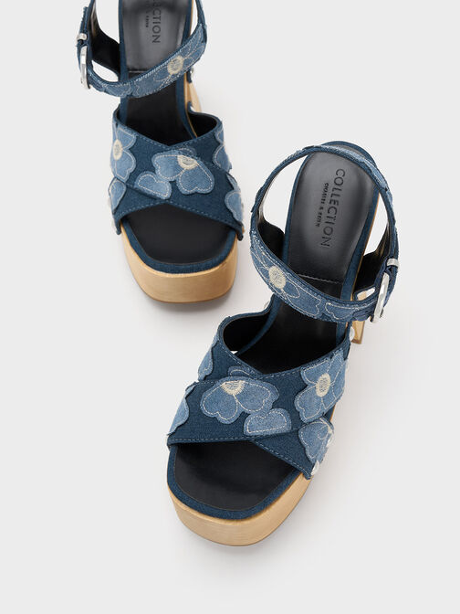 Tabitha Floral Denim Crossover Sandals, Blue, hi-res