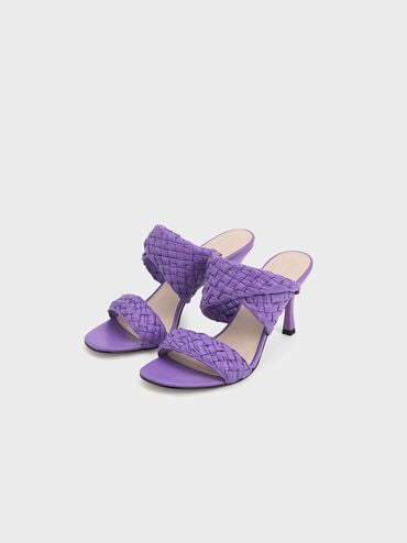 Double Strap Woven Heeled Mules, Purple, hi-res