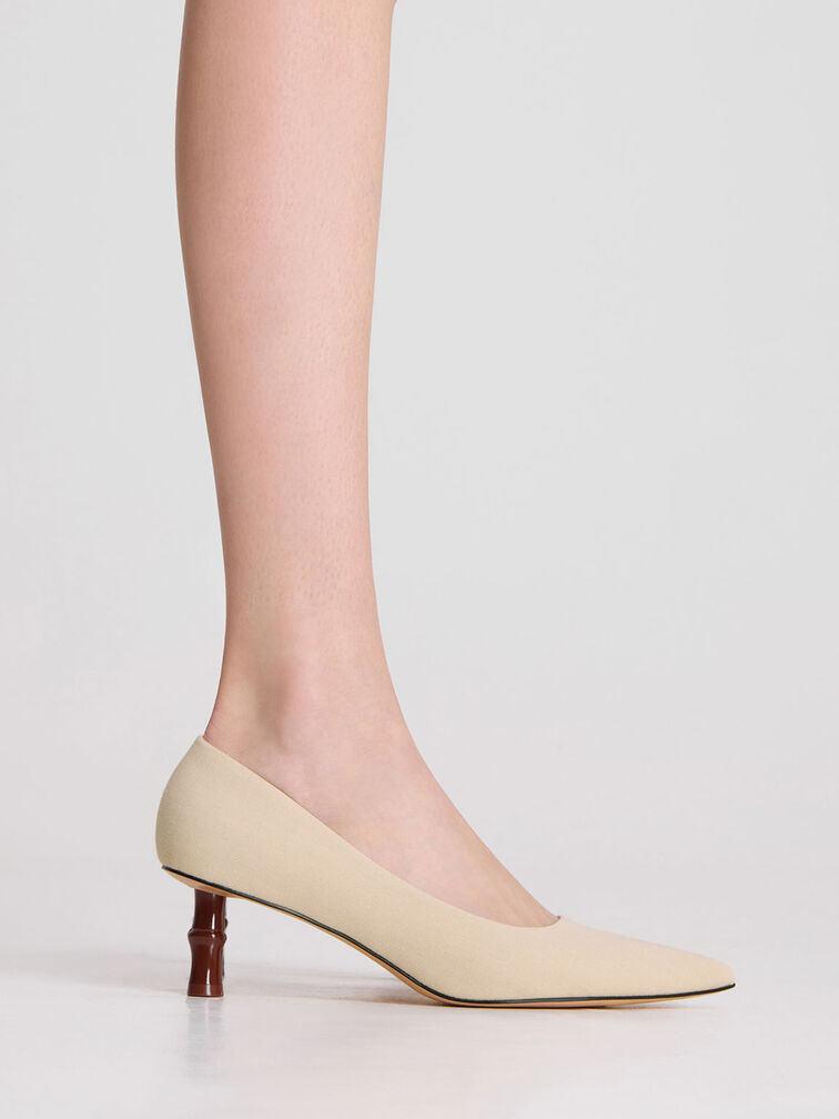 Bamboo Heel Pointed-Toe Pumps, Beige, hi-res