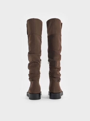 Ellis Faux Suede Ruched Buckled Fold-Over Thigh-High Boots, Dark Brown Textured, hi-res