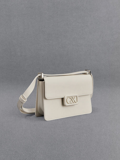 Leather Boxy Bag, White, hi-res