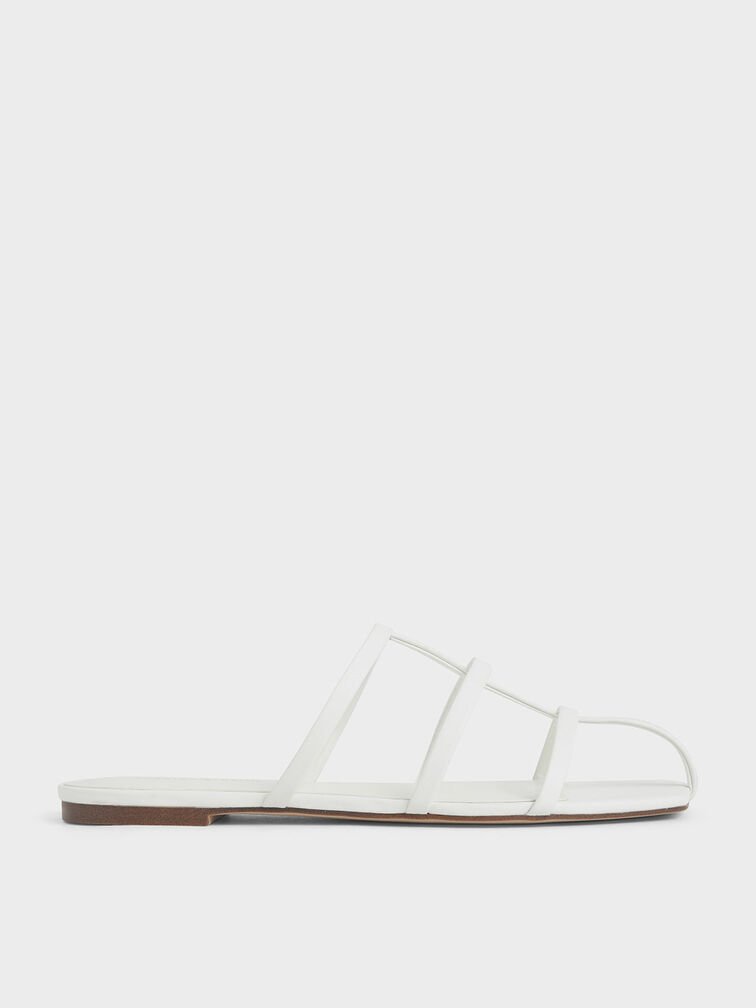 Strappy Caged Flat Sandals, White, hi-res