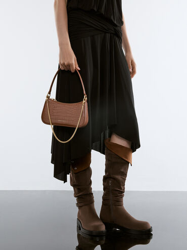 Elspeth Croc-Effect Chain-Link Shoulder Bag, Chocolate Croco, hi-res