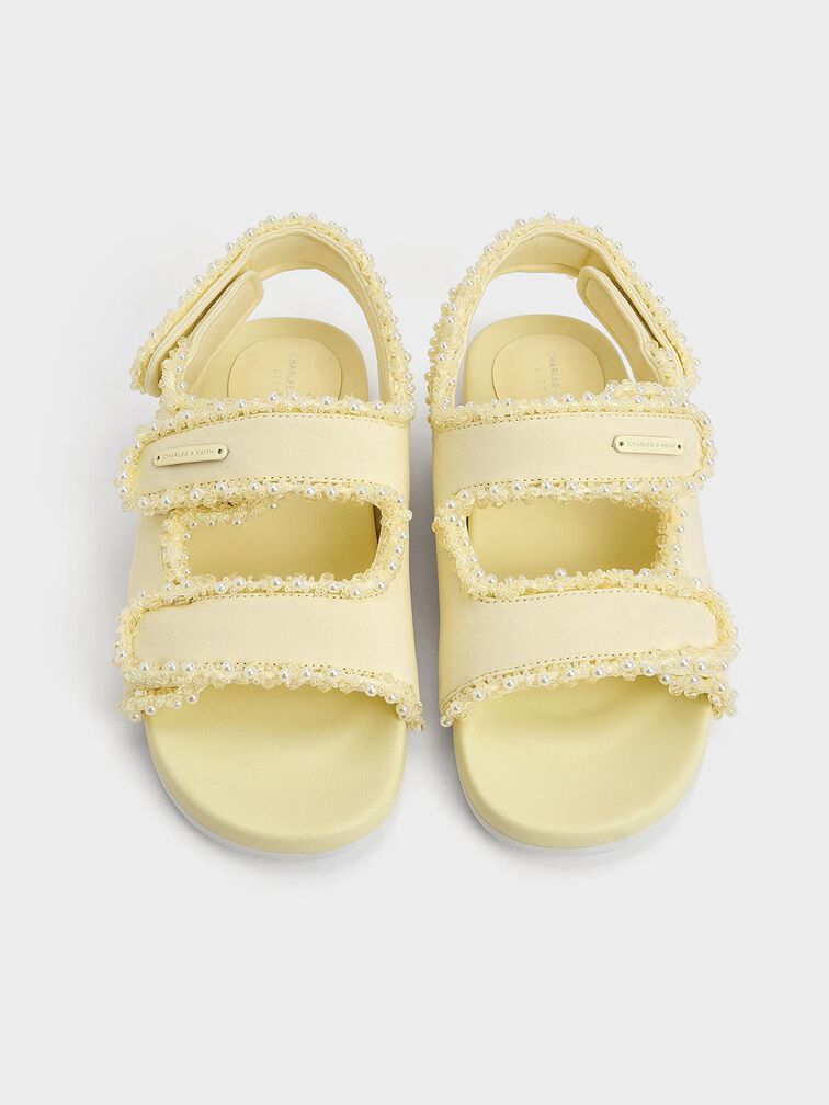 Girls' Elastane Pearl-Embellished Flatform Sandals, Butter, hi-res