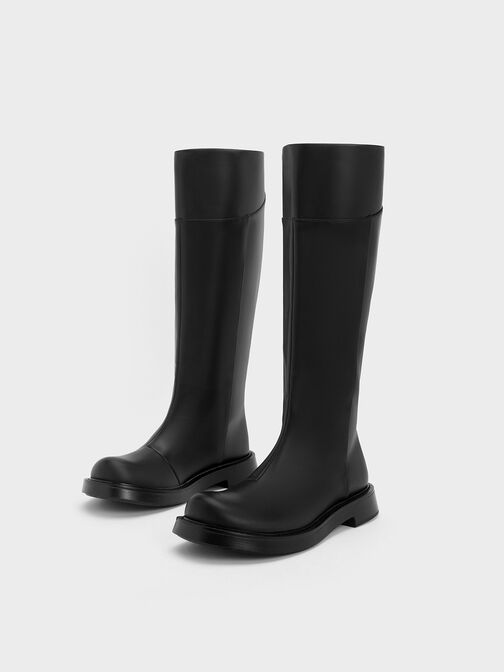 Round-Toe Knee-High Boots, Black, hi-res
