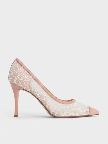 Bead-Embellished Mesh Pumps, Nude, hi-res