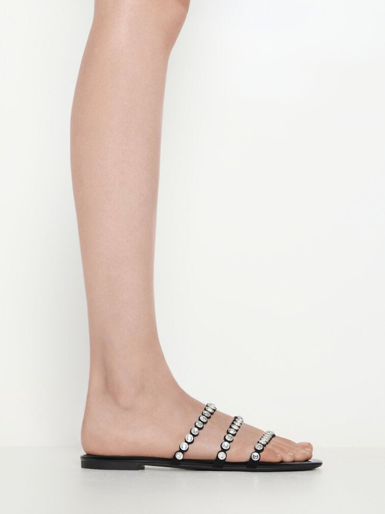 Crystal-Embellished Triple-Strap Sandals, Black Textured, hi-res