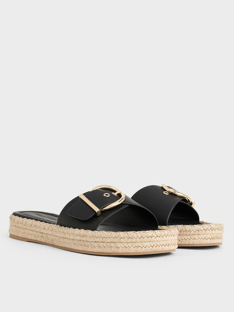 Buckled Espadrille Sandals, Black, hi-res