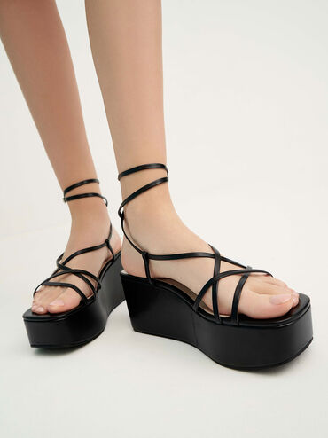 Ankle Strap Platform Wedges, Black, hi-res