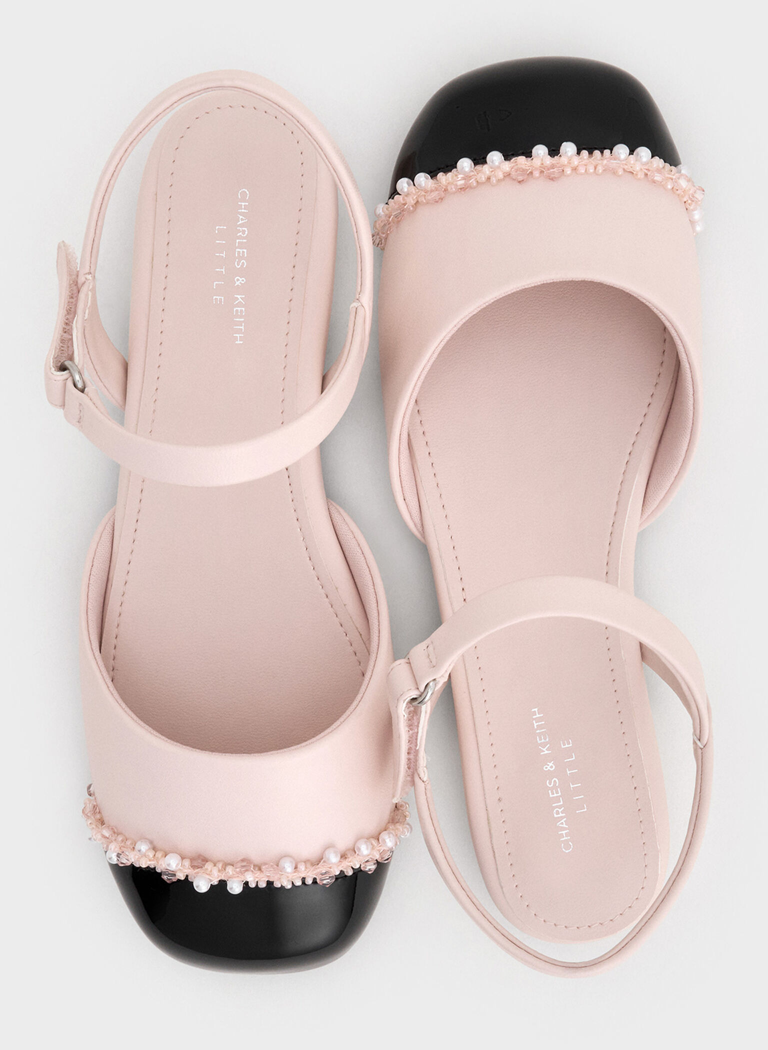 Girls' Pearl-Embellished Cap-Toe Ankle-Strap Flats, Light Pink, hi-res