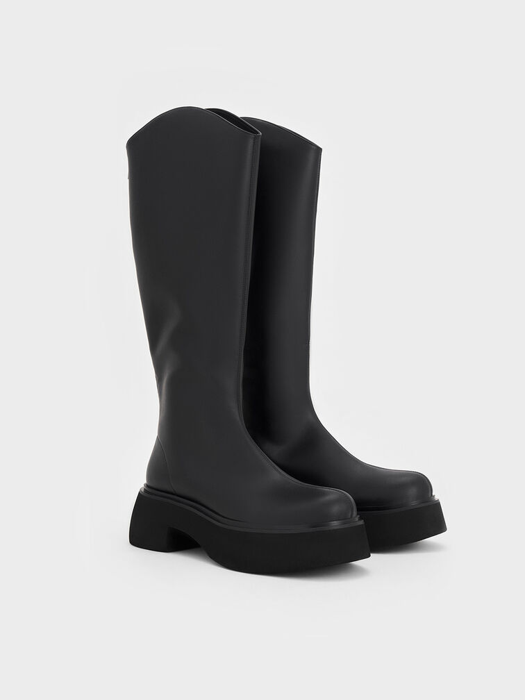 Cowboy Platform Knee-High Boots, Black, hi-res