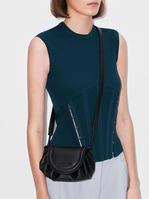 Mini Blossom Curved Flap Crossbody Bag, Black, hi-res