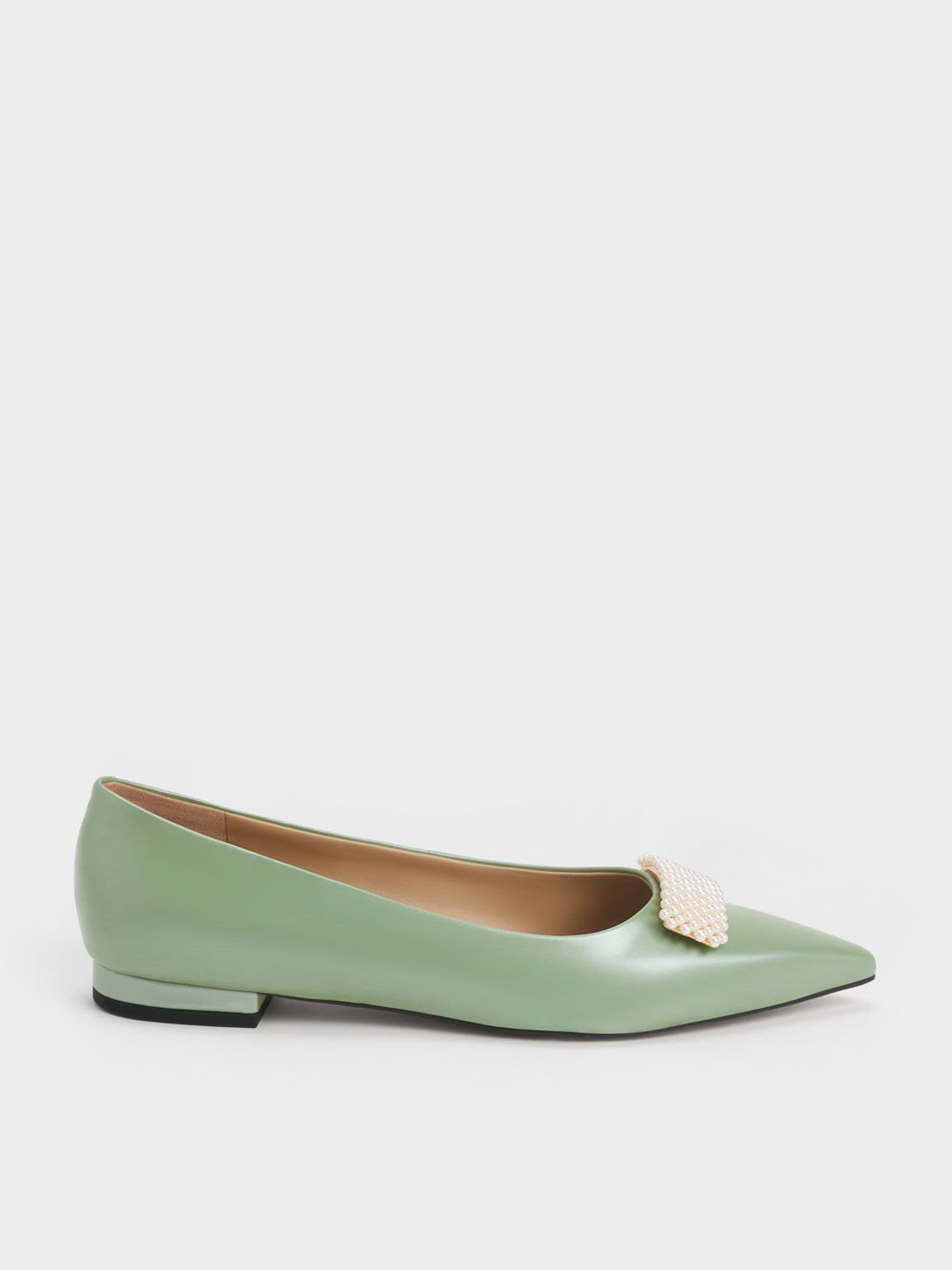 Leather Pointed-Toe Beaded Ballerinas, Green, hi-res