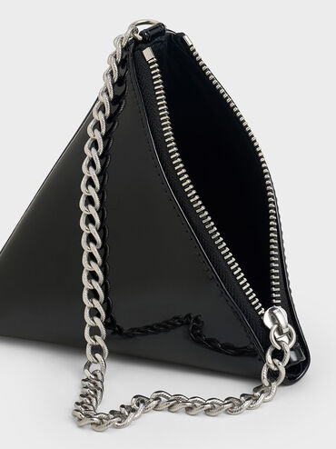 Patent Chain-Handle Triangle Clutch, Noir, hi-res
