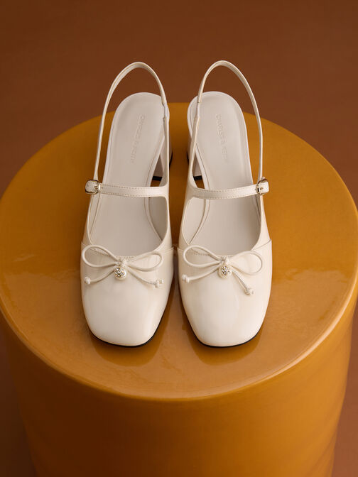 Patent Bow Crystal-Pearl Slingback Mary Jane Pumps, Chalk, hi-res