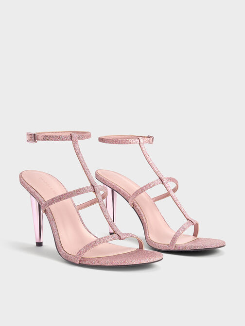 Glittered T-Bar Ankle-Strap Sandals, Pink, hi-res
