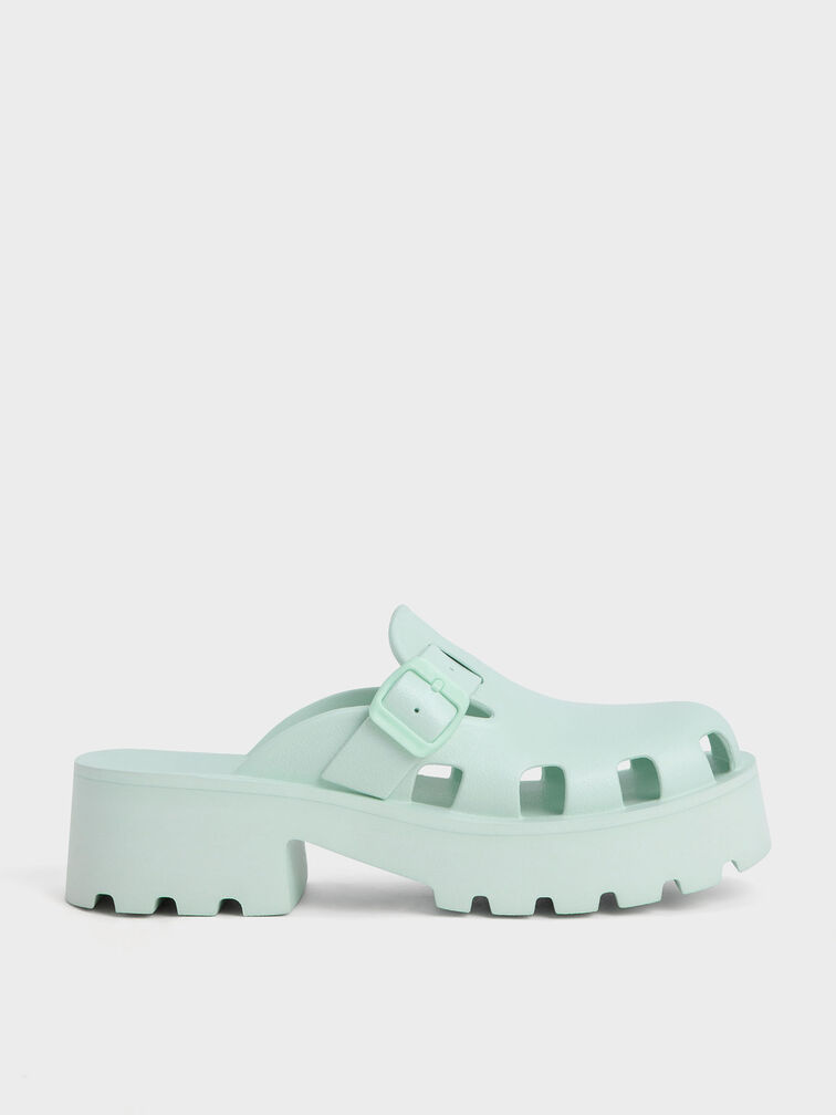 Mae Buckled Platform Mules, Mint Green, hi-res