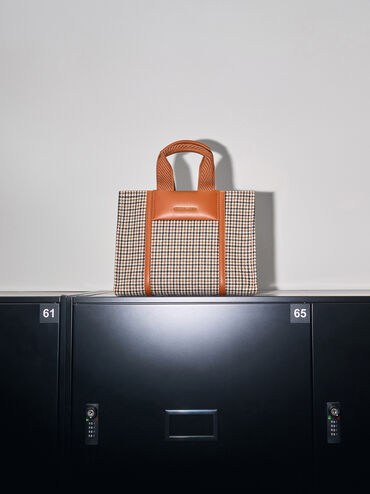 Mini Shalia Checkered Tote Bag, Cognac, hi-res