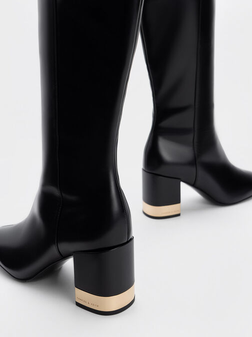 Metallic Accent Block Heel Knee-High Boots, Black, hi-res