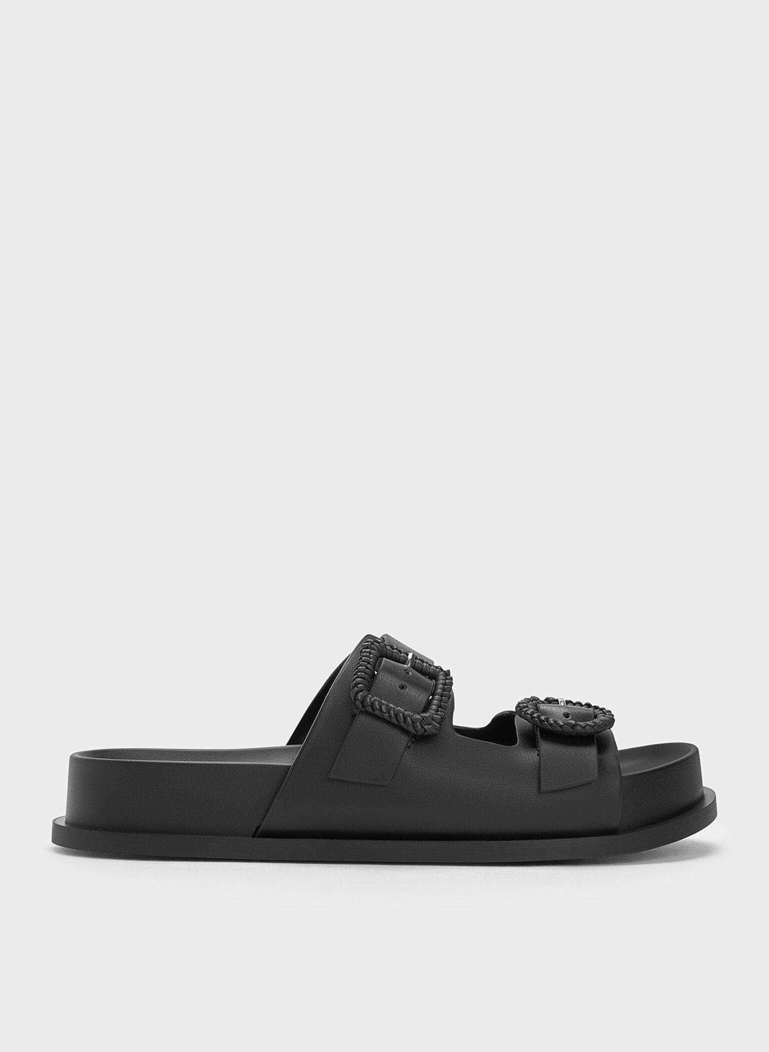 Sandalias con doble tira y hebilla de tejido, Negro, hi-res