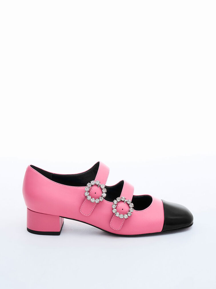 Leather Double-Buckle Crystal-Embellished Mary Janes, Pink, hi-res