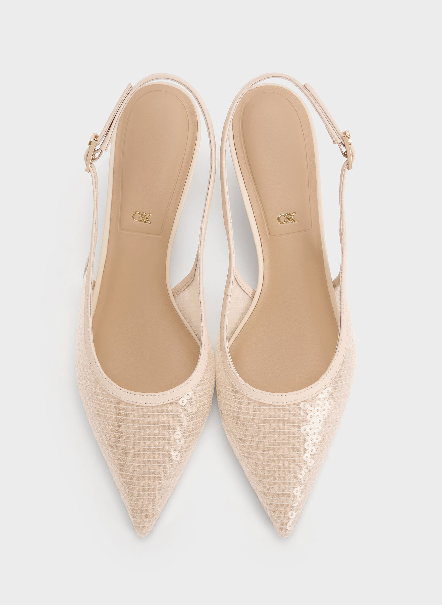 Sequin Mesh & Leather Slingback Kitten Heels, Nude, hi-res