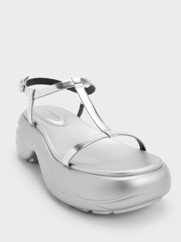 Metallic T-Bar Curved Platform Sports Sandals, Silver, hi-res
