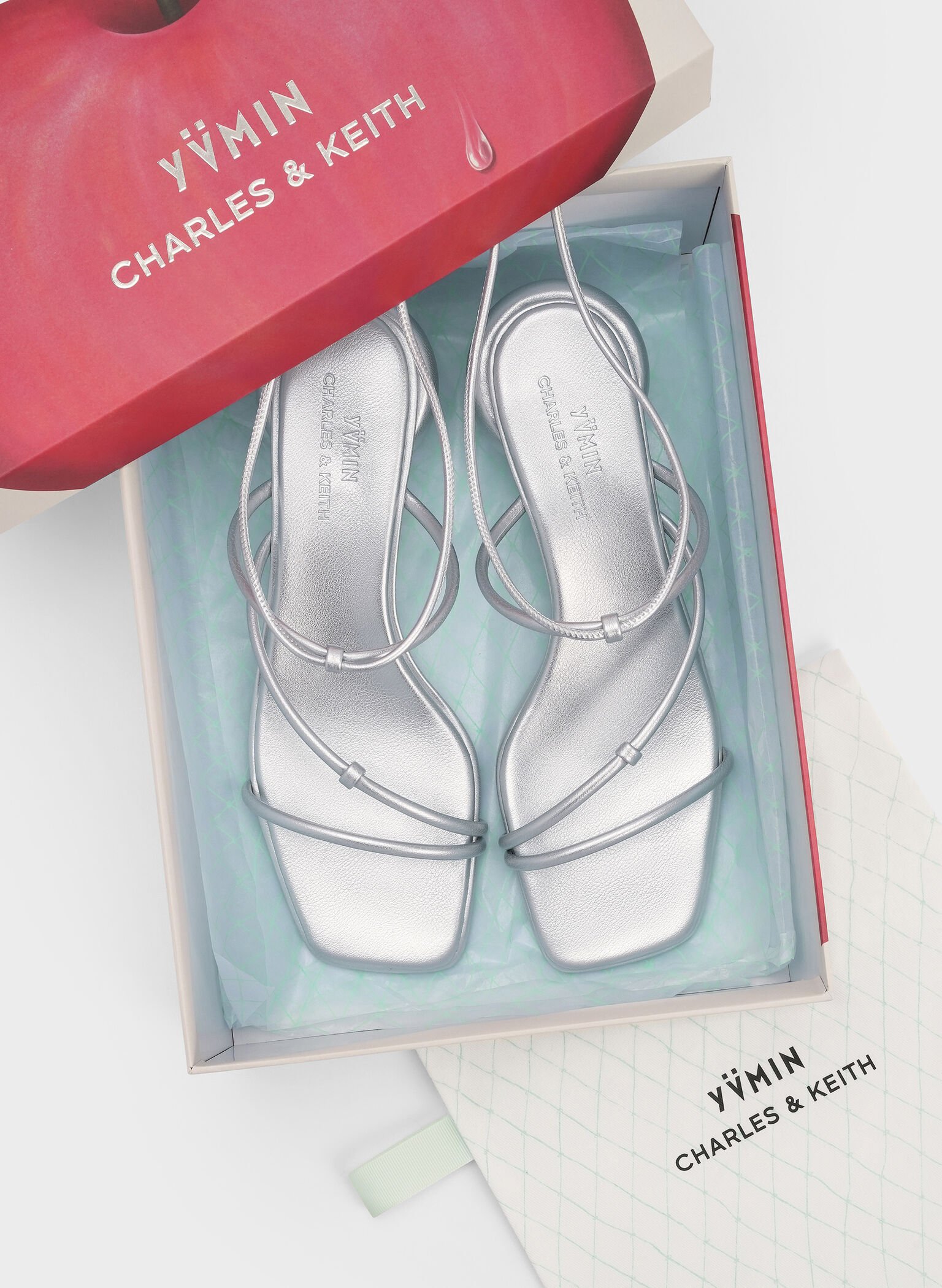 Strappy Tie-Around Sandals & Fruit Charms Set, Plateado, hi-res