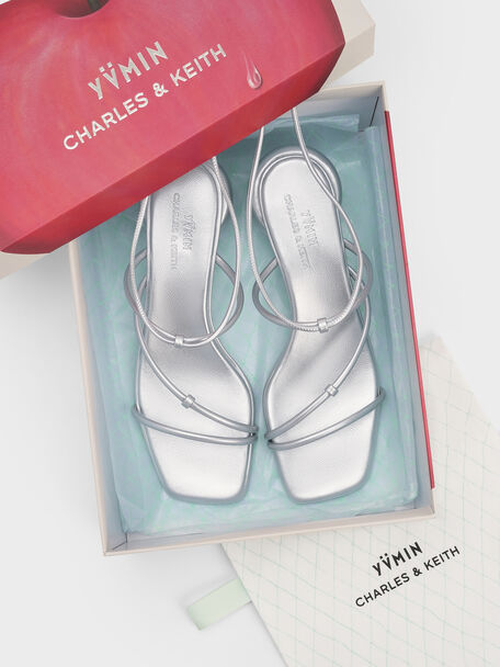 Strappy Tie-Around Sandals & Fruit Charms Set, Silver, hi-res