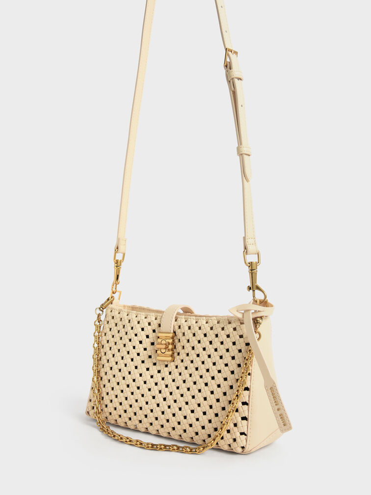 Nova Woven Chain-Handle Shoulder Bag, Beige, hi-res