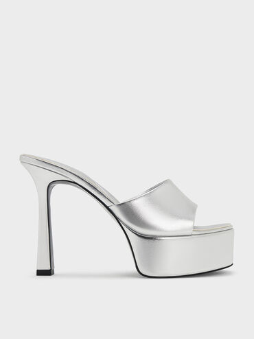 Metallic High-Heel Platform Mules, Silver, hi-res