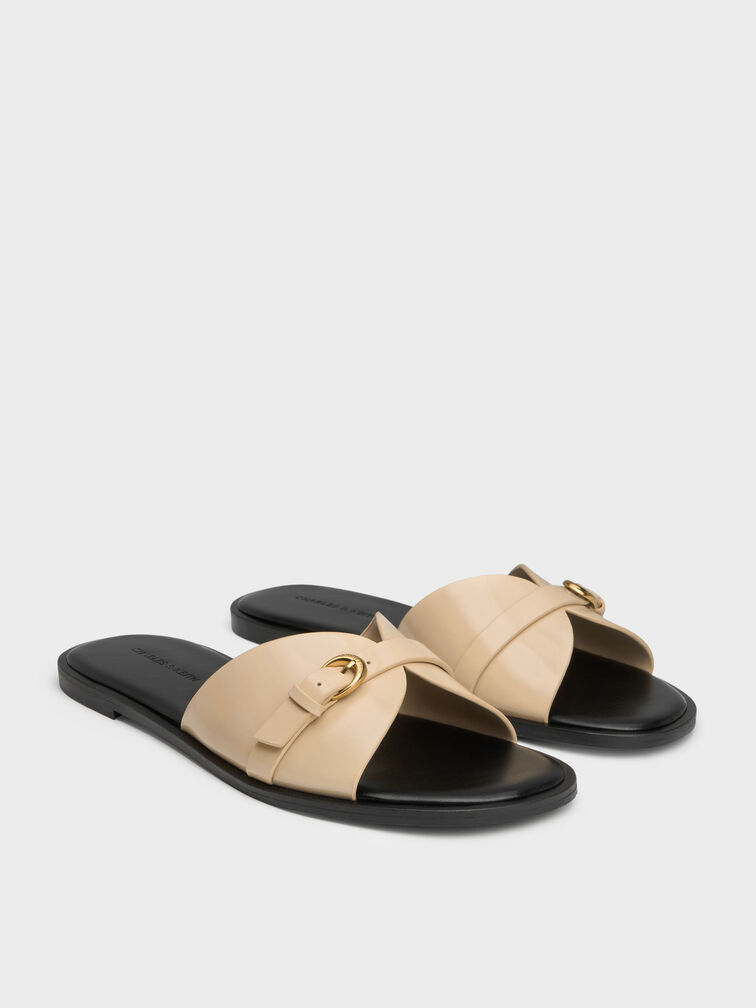 Buckled-Strap Slide Sandals, Beige, hi-res