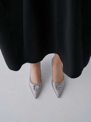 Zapatos de tacón bajo con adornos de gemas brillantes, Plateado, hi-res