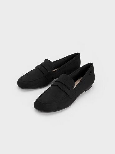 Textured Cut-Out Almond Toe Penny Loafers, Black, hi-res