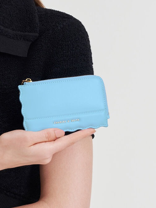 Wavy Trim Zip Wallet, Light Blue, hi-res