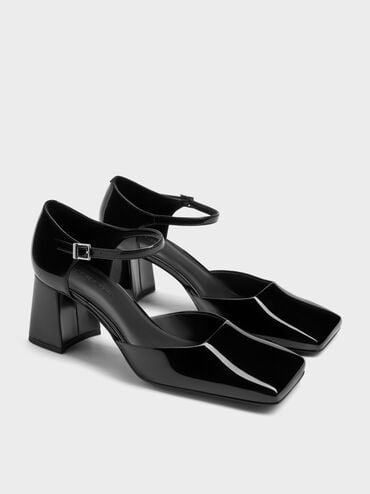 Patricia Patent Square-Toe D'Orsay Ankle-Strap Pumps, Black Patent, hi-res