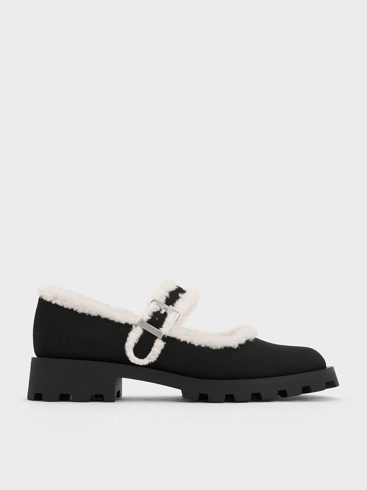 Textured Fur-Trim Buckled Mary Janes, Black Textured, hi-res