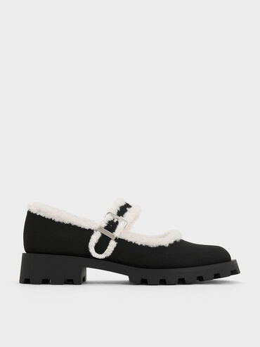 Textured Fur-Trim Buckled Mary Janes, Black Textured, hi-res