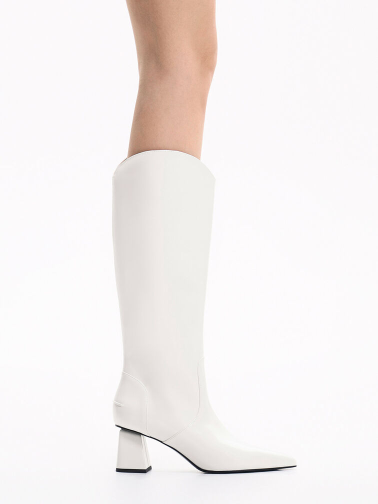 Lucinda Trapeze-Heel Knee-High Boots, White, hi-res