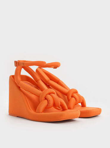 Toni Knotted Puffy-Strap Wedges, Orange, hi-res