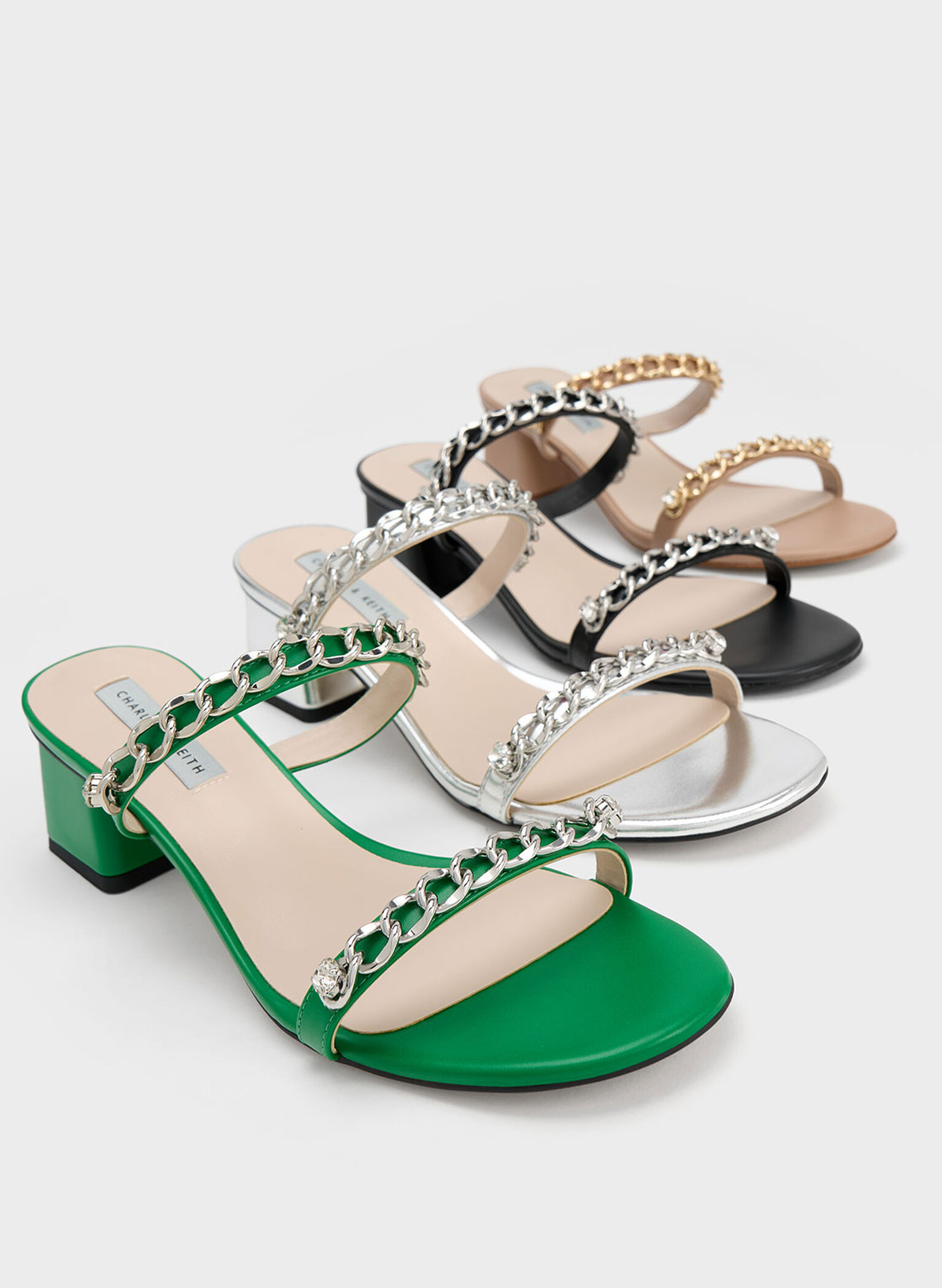 Chain-Link Block Heel Sandals, Black, hi-res