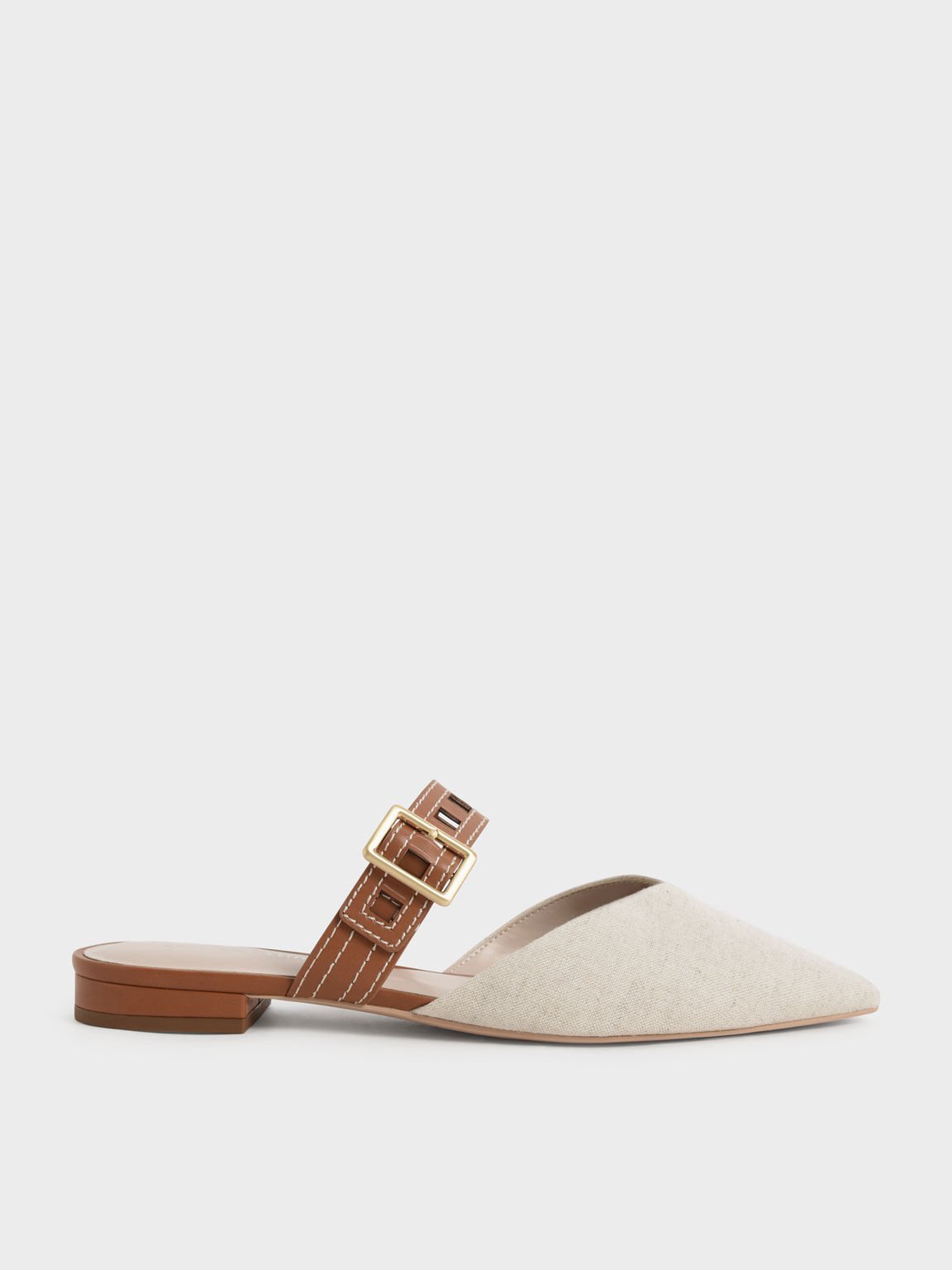 Caramel Cut-Out Strap Flat Linen Mule Pumps - CHARLES & KEITH MX