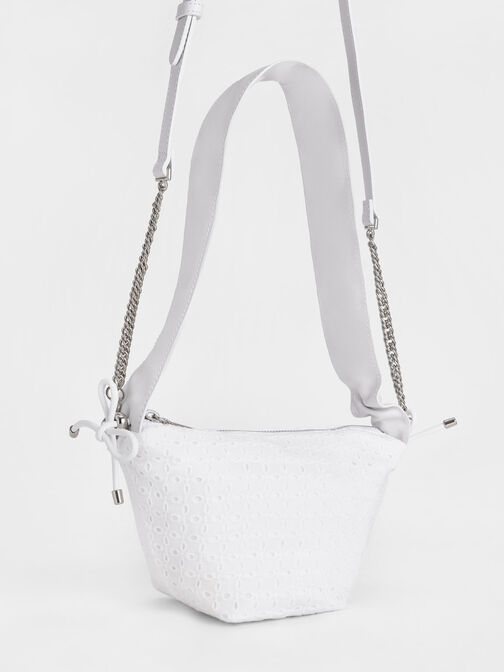 Bolso con asa superior fruncida de cuero y encaje, Blanco, hi-res