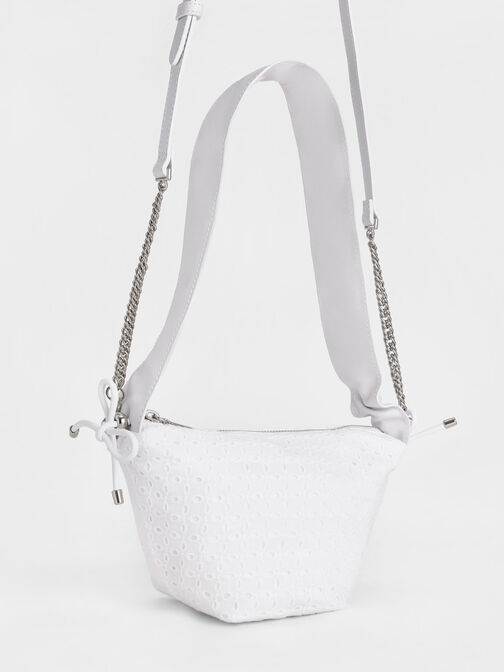 Leather & Lace Ruched Top Handle Bag, White, hi-res