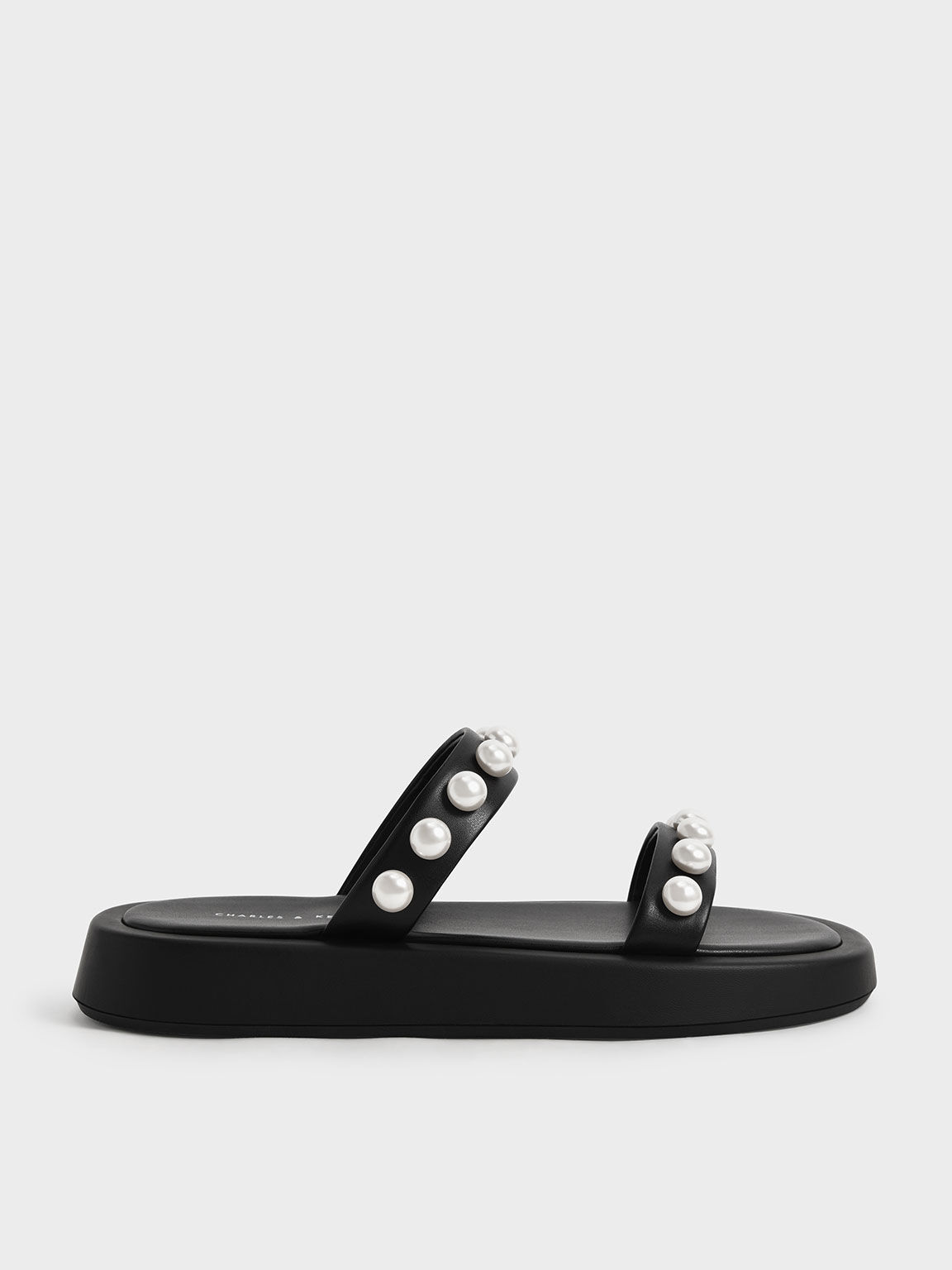 Pearl-Embellished Slide Sandals, Black, hi-res