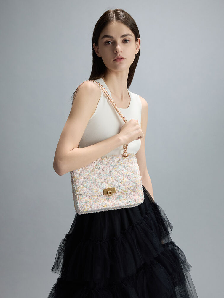 Tweed Chain Strap Bag, Pink, hi-res