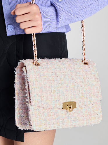 Tweed Chain Strap Bag, Pink, hi-res
